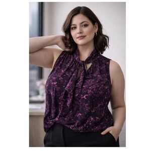 GEORGE Plus Size Sheer Tie Neck Blouse Purple Black Abstract Print Sz 2X Artsy